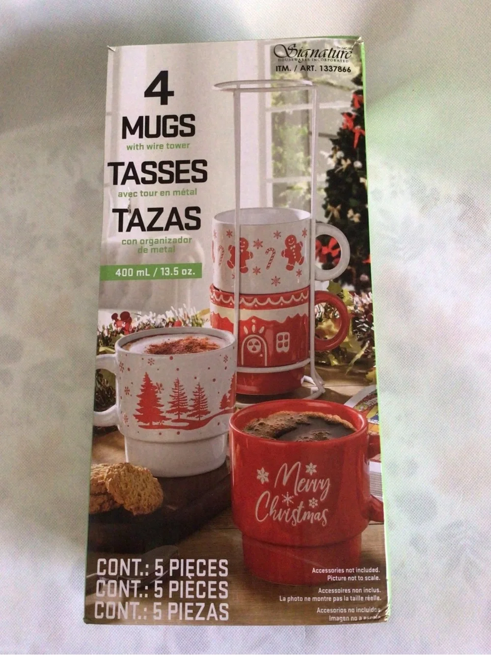 SIGNATURE HOUSEWARES S/4 HOLIDAY STONEWARE MUGS W/ WHITE WIRE TOWER STORAGE New